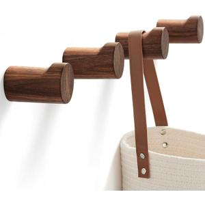 Wooden Wall Hooks 4 Pack, Modern Decorative Coat Hook Wall-Mount, Handmade Rustic Hat Hooks, Entryway Wall Hangers for Hanging Coats Hats Backpack, Bathroom Wood Towel Rack (Walnut)