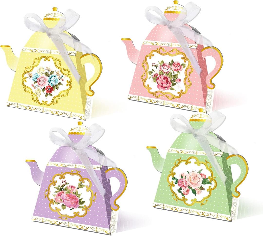 Partystadl 24 PCS Floral Tea Party Favor Bags Teapot Favor Boxes Tea Time Party Decorations for Birthday Wedding Bridal Baby Shower Tea Party