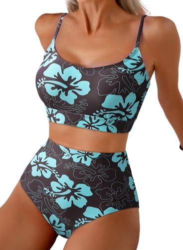 Herseas Women's Two Piece Swimsuits 2026 Swim Crop Spaghetti Strap Top High Cut Bikini Sets Modest Bathing Suit with Reversible Bottom Brown Floral Flattering Beach Outfits X-Small