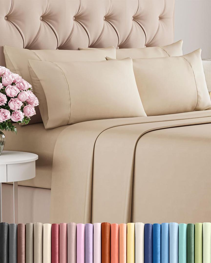 Full 6 Piece Sheet Set - Comfy Breathable & Cooling - Ultra Soft Hotel Luxury Bedding Set with 8-16 Inch Deep Pockets - 1 Flat & 1 Fitted Sheet & 4 Pillowcases - Cozy, Wrinkle Free & Easy Care - Cream