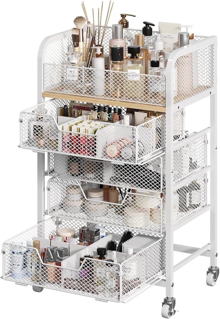 Makeup Cart Organizer with 4 Drawers, Large Floor Skincare Organizers, Vanity Storage Organizer Cosmetics Display Cases for Skin Care Perfume Nail Polish, White (Patent Pending)