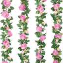 Teldrassil 4Pcs(26 FT) Artificial Rose Vine Fake Flower Garland Fake Silk Rose Hanging Vine for Wedding Party Background Arch Garden Background Decoration (Purplish Red)