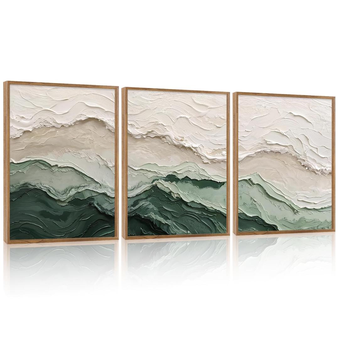 Aurlan 3D Textured Green Abstrcat Ocean Framed Canvas Wall Art 24x36 Inch