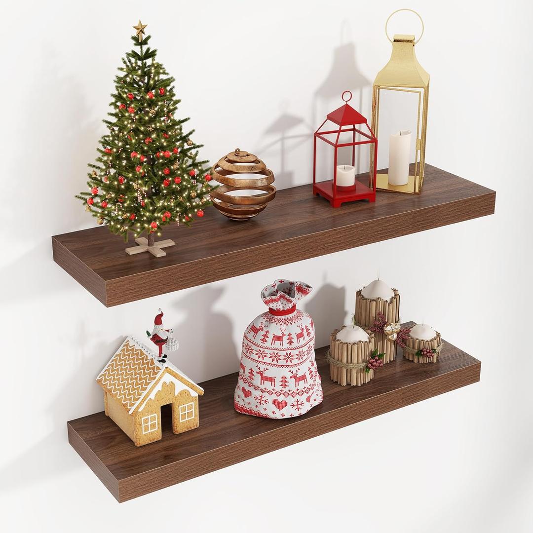 Floating Shelves for Wall 24"W x 6.7"D x 1.37"H, Engineered Wood Wall Shelves with Invisible Brackets for Living Room Bedroom Bathroom Office Kitchen Decor and Storage, Walnut Finish, Set of 2