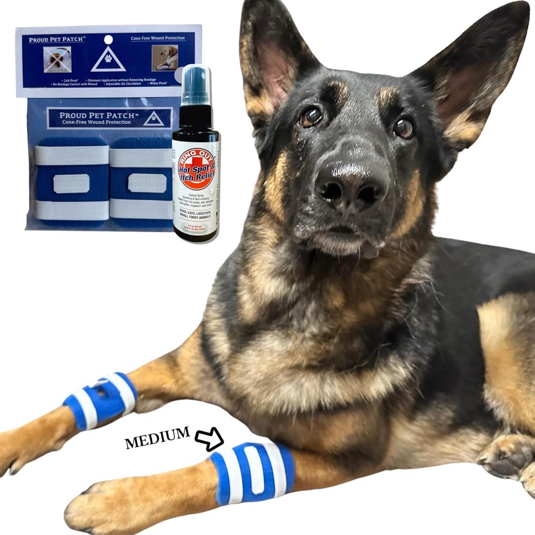 Proud Pet Patches Better Dog Bandage for Wound Care. Recovery Bandages for Dog and Cat Leg & Paw. Cover & Help Licking of Hot Spots, Lick Granuloma, Stitches. Cone Alternative w/Hot Spot Spray (Large)