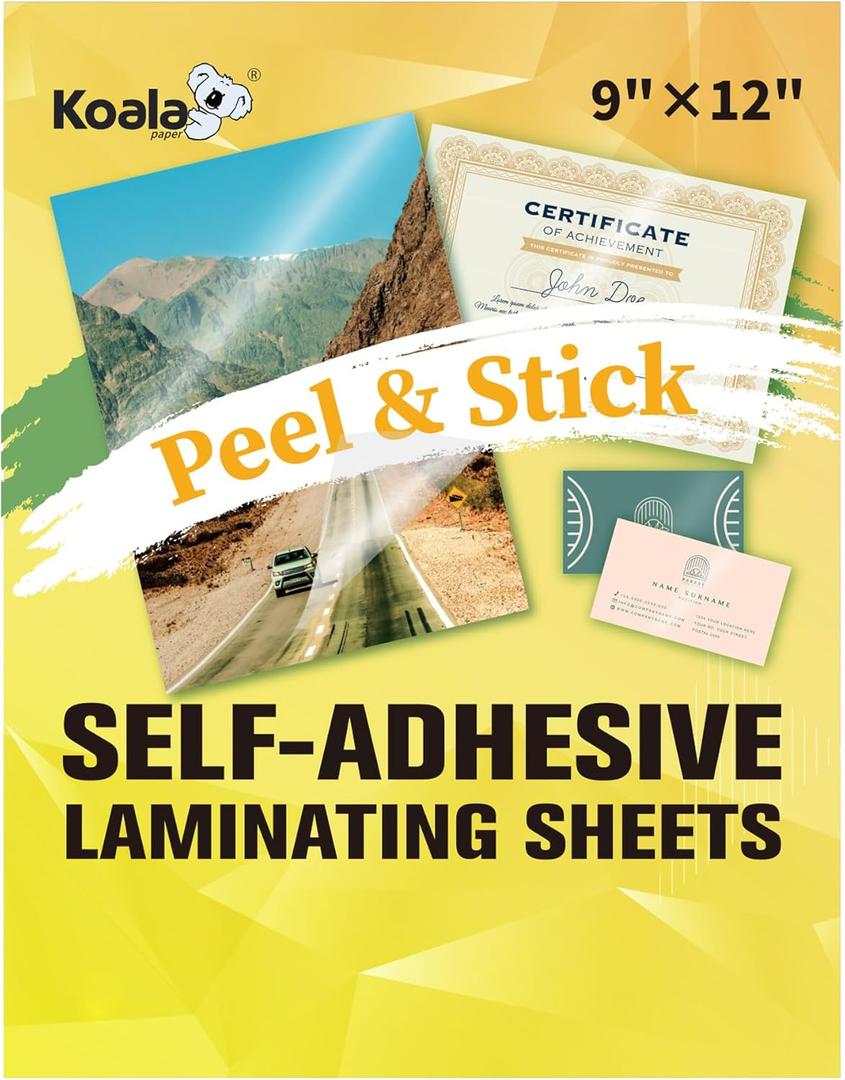 Koala Self Adhesive Laminating Sheets - 9 x 12 Inch Self Laminating Sheets, No Machine Needed Clear Self Sealing Laminate Sheets for Stickers, Photos - 20 Sheets