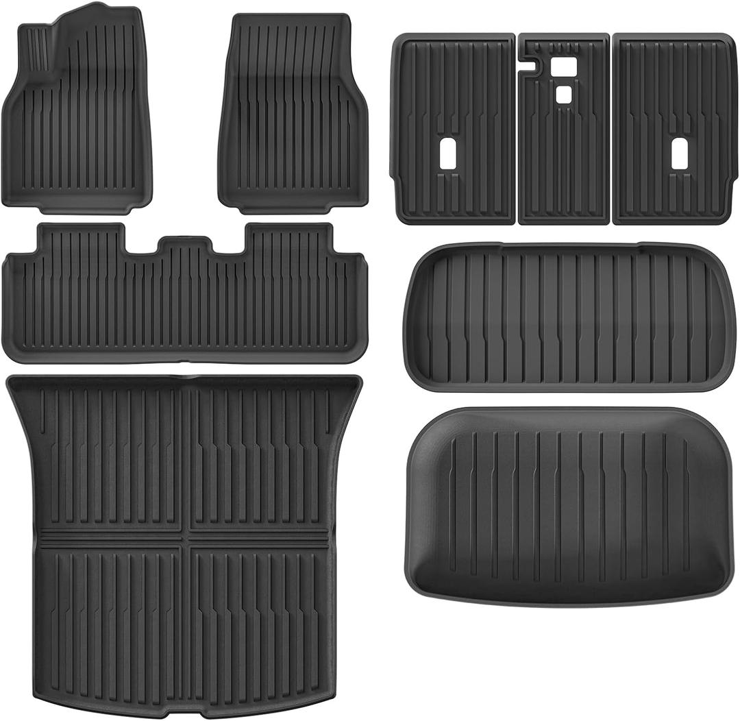 LUCKEASY 7PCS Floor Mats for 2025 Tesla Model Y Juniper New 5 Seat Foot Mats& Rear&Front Trunk Mat& Backrest Mat& Trunk Lower Protective Mat, Cargo Backrest Liner All-Weather Accessories TPE Black