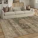 8x10 Washable Area Rug Green Brown Vintage Non Slip Soft Low Pile Rug for Living Room Bedroom Dining Room Office Distressed Oriental Indoor Large Throw Carpet for Home Decor
