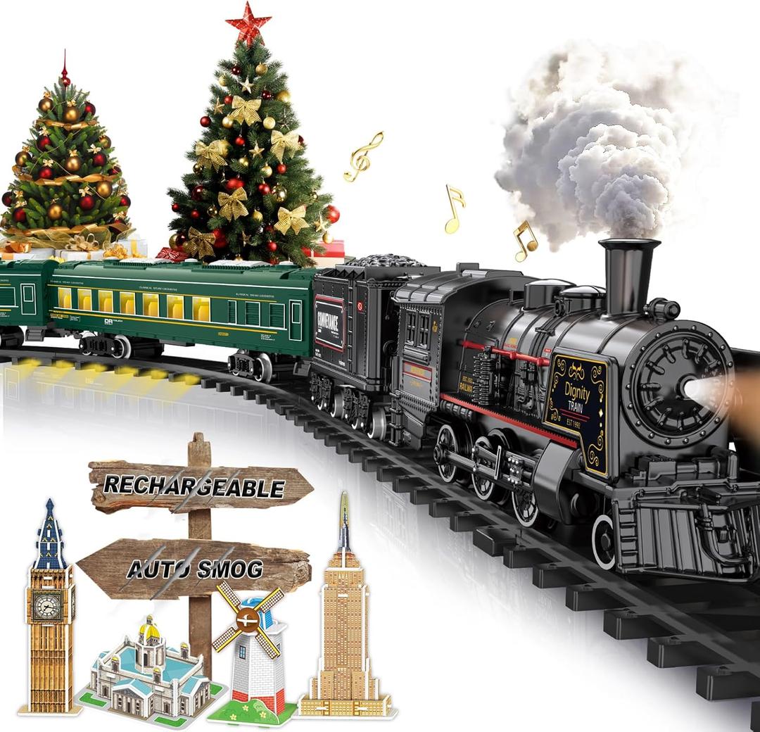 Electric Train Sets for Boys Girls Metal Alloy Christmas Trains Toys Steam Locomotive, Passenger Carriages, Tracks, Light & Sounds Rechargeable Birthday Gifts for Kids 3 4 5 6 7 8 + Years Old Green