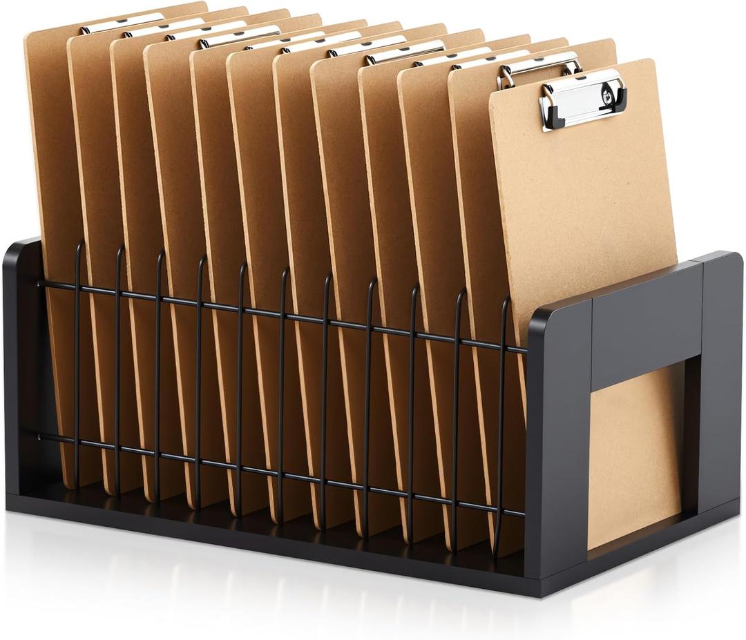 Vertical Clipboard Holder, 12 Slot Bamboo and Metal Clipboard Organizer, Storage Stand Rack, Desk File Organizer Storage Rack for Home, Office, Classroom, No Assembly Required