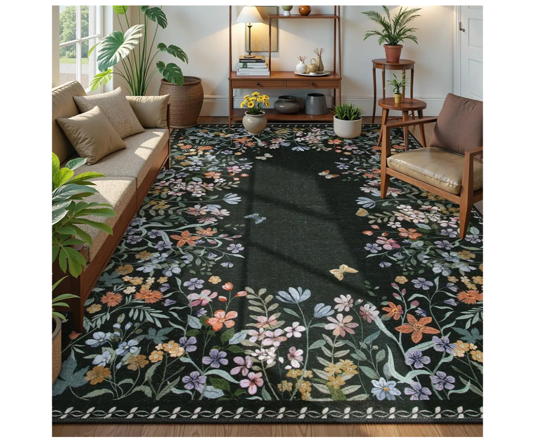 Lahome Boho Floral Black Washable 8x10 Area Rugs for Living Room, Non Slip Rugs for Bedroom, Indoor Throw Dining Room Carpet for Under Table Home Office Playroom(Black,8x10)