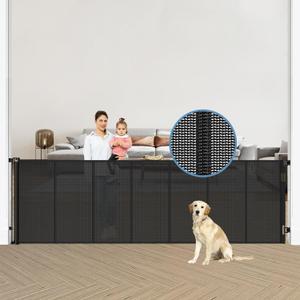 Reinforced 120 Inch Extra Wide Retractable Baby Gates with Support Rods, Upgrade Retractable Dog Gate to Prevent Bottom Crawling Through, 10 Ft Extra Long Mesh Gate Pet Gate for Large Openings, Black