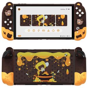PlayVital Good Night Bear Dockable Case for Nintendo Switch 2 with Stand | Split Design Silicone Joycon Grips, PC Console Hard Shell, 2 Joystick Caps | Cute Protective Cover Bundle – Brown