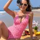 ZAFUL Women's One Piece Swimsuit Tummy Control Slimming Swimwear Floral Double-Strap Back Cut Out Bathing Suit (L)