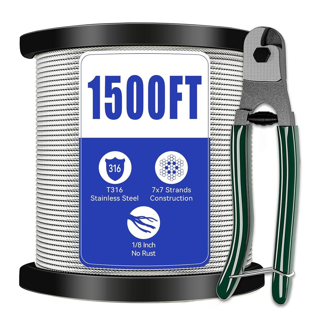 1/8 Stainless Steel Cable, Cable Railing for Stainless Steel Cable, 7x7 Strands Construction with Cutter for Cable Railing System 1500FT