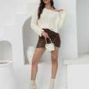 2025 Fall Cropped Sweater for Women Off The Shoulder Pullover Fluffy Knit Fashion Crop Top Holes Design (White, L)