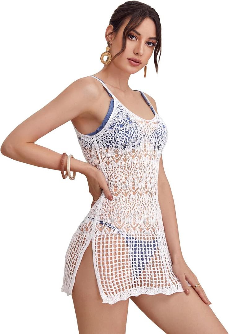 SOLY HUX Women's Spaghetti Strap Hollow Out Split Hem Beach Swimsuit Bikini Cover Up Knitted Pure White XS