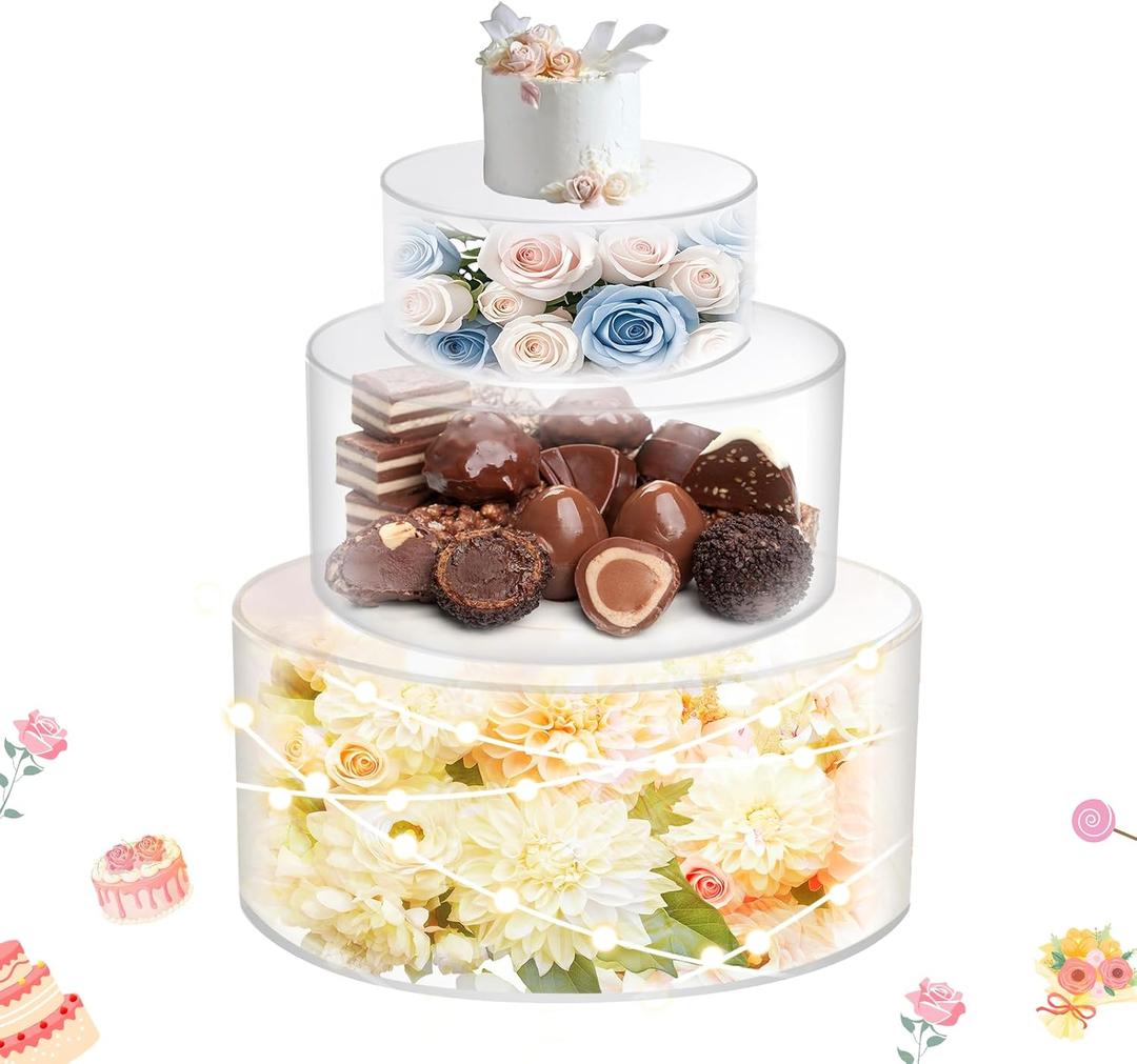 3Pcs Acrylic Cake Display Stand 6'' 8'' 10'' Round 3 Tier Clear Cylinder Cake Box for Wedding Birthday Party Decor (6 / 10 / 12 Inch)