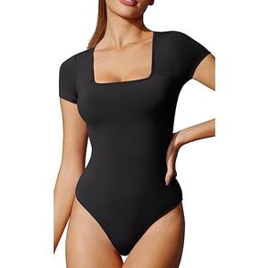 Bodysuits for Women Tummy Control Short Sleeve Square Neck Bodysuit  Black XXL