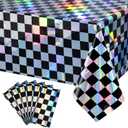 6Pack Black and Iridescent Checkered Plastic Tablecloth, Shiny Disposable Laser Rectangle Table Covers, Holographic Foil Tablecloth Iridescent Party Decorations for Picnic Camping Race Car, 54x108Inch