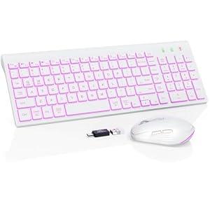 SABLUTE Wireless Keyboard and Mouse Combo Backlit - Compact Quiet Keyboard with RGB Mouse, Rechargeable, Slim, Sleep Mode, Portable Cordless Keyboard Mouse Set for Mac, Windows, Laptop (Polar White)