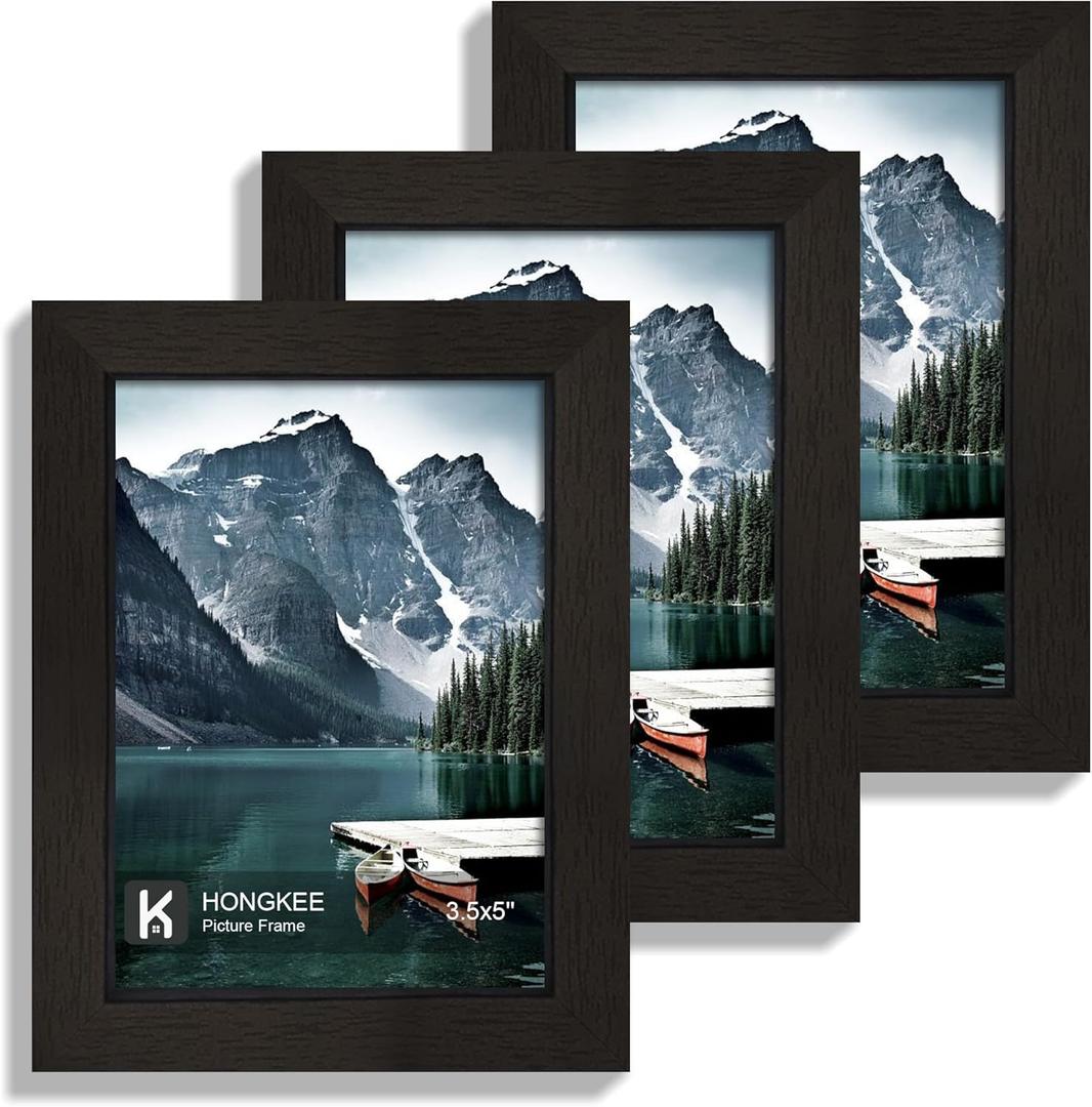 Hongkee 3.5x5 Picture Frame Set of 3 - Made of Real Glass and Black Wooden Frame, 3.5 by 5 small Photo for Wall or Tabletop Display