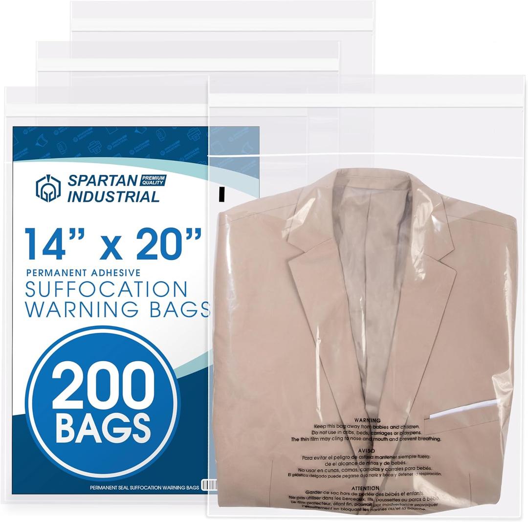 Spartan Industrial - 14 X 20 (200 Count) Self Seal Clear Poly Bags with Suffocation Warning for Packaging, Clothes - Permanent Adhesive