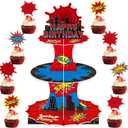 Spider web Birthday Party Supplies, 3 Tier Spider web Cupcake Stand Superhero Party Decorations Supplies for Kids Boys Themed Birthday Decorations