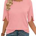 JomeDesign Round Neck Tops for Women Trendy Fashion 2026 Short Sleeve Tunic Shirts Coral Pink S (Pink, S)