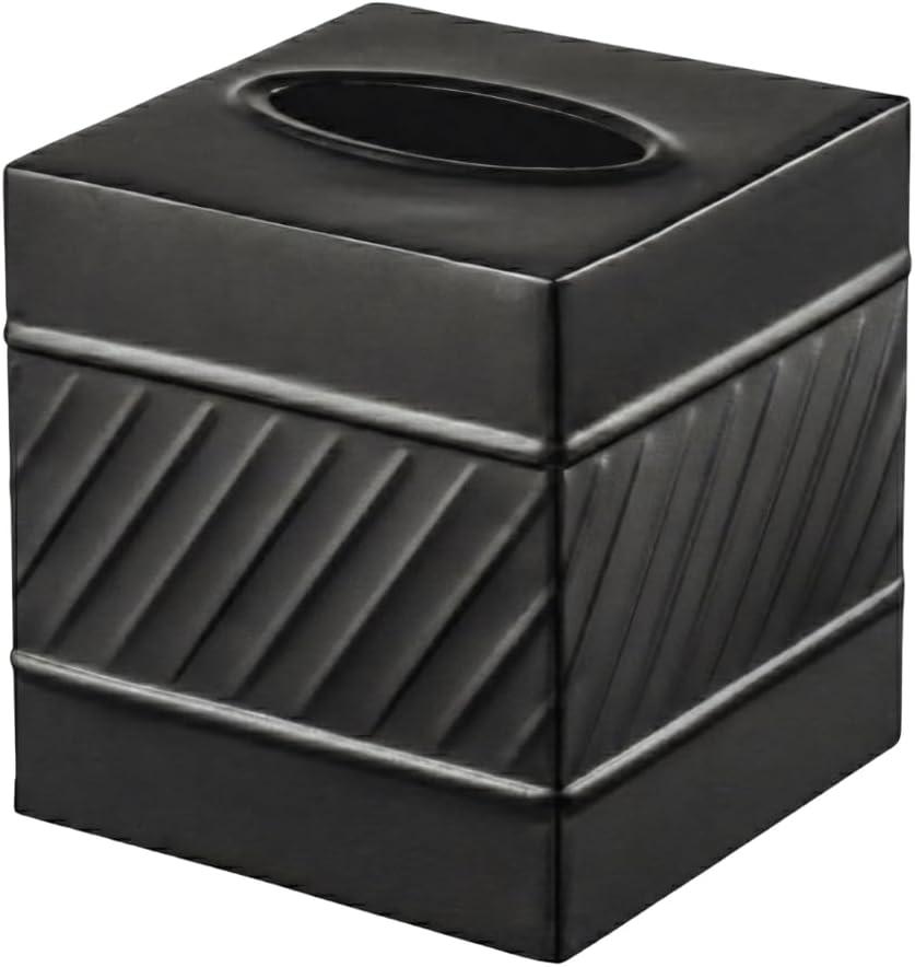 Monarch Abode Tissue Box Cover Square Handcrafted Wave Embossed Black Metal Tissue Holder Box for Bathroom Accessory, Aesthetic Decorative Facial Napkin Cube for Modern Home Decor