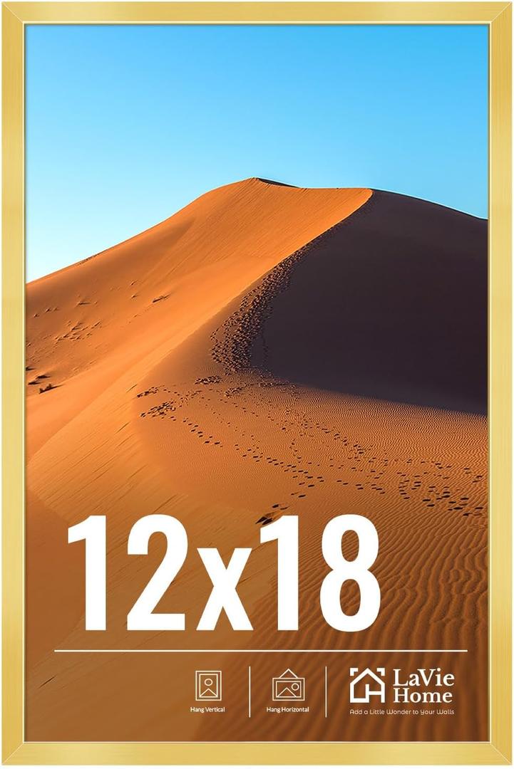 LaVie Home 12x18 Picture Frame for Wall Display, 12x18 Gold Picture Frame with HD Plexiglas, 12 x 18 Matted Frame 1 Pack, Display Frame for Vertical or Horizontal, Classic Collection