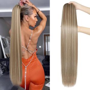 SEIKEA 35" Ponytail Extensions Drawstring Long Straight Fake Pony Tail Natural Soft Clip in Hair Extension Synthetic Heat Resistant Hairpiece Ash Brown with Blonde Hightlights (35 Inch 180G (Pack of 1))