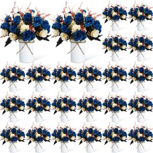 Domensi 24 Sets Wedding Table Centerpiece Artificial Flowers with Vase 48 Pcs Fake Bouquets 24 Pcs Metal Vases Floral Arrangements for Holiday Party Event Table Decor(Dark Blue)