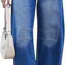  GREAIDEA Mid Rise Barrel Jeans for Women Wide Leg Mid Waist Cropped Denim Pants Y2k Baggy Boyfriend Jeans with Pockets, Large, Light Blue Stretch 