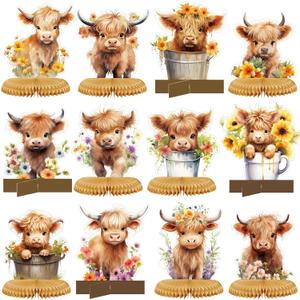 12 Pcs Highland Cow Party Decorations Highland Cow Honeycomb Centerpieces for Baby Shower Brown Highland Cow Party Supplies for Birthday Party Photo Props Gender Reveal Supplies