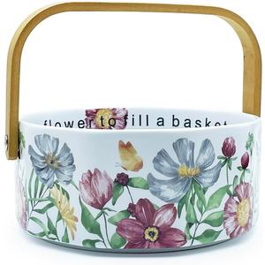 Ceramic Fruit Bowl with Detachable Wooden Handle Candy Dish Decorations Ornaments Decorative Bowl Birthday & Thank You Gifts(Magenta Flowers and Butterflies)