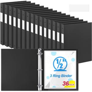 Henoyso 36 Pack 0.5 Inch Plastic 3 Ring Binder Round Ring, Bulk 1/2 Inch Flexible Binders Hold 140 Sheets Letter Size with Pocket, Document Organizer for Back to School Classroom Office (Black)