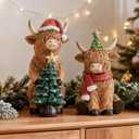 RM ROOMERS Christmas Highland Cow Decor Resin Highland Cow Figurines with Santa Hat Scarf & Tree for Tabletop Shelf Mantel Home Christmas Decoration (Set of 2, 5.39" & 4.48H) (Brown & Red & Green)