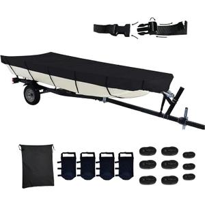420D Upgraded Jon Boat Cover 12-14ft Heavy Duty Trailerable Jon Boat Cover Waterproof UV Resistant Marine Grade Reinforced Adjustable Side Straps Black