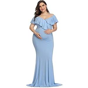 YnimioAOX Maternity Long Dress Ruffles Elegant Maxi Photography Dress Stretchy Slim Gowns for Photoshoot,Light Blue,Medium