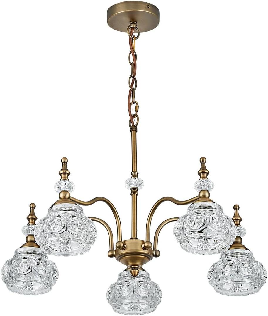 Vintage 5 Lights Gold Glass Pendant Lighting Rustic Style Chandelier Matte Brushed Antique Brass Finish with Crystal Glass Shade for Kitchen Island