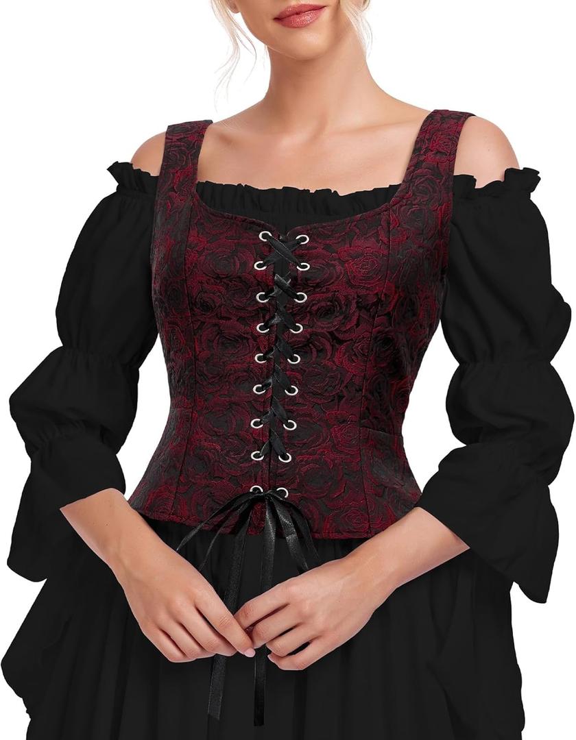 Century Star Corset Tops for Women - Renaissance Costume Pirate Medieval Floral Top Ren Faire Vest Victorian Plus Size Bodice (Small, 01 Red and Black Corset)