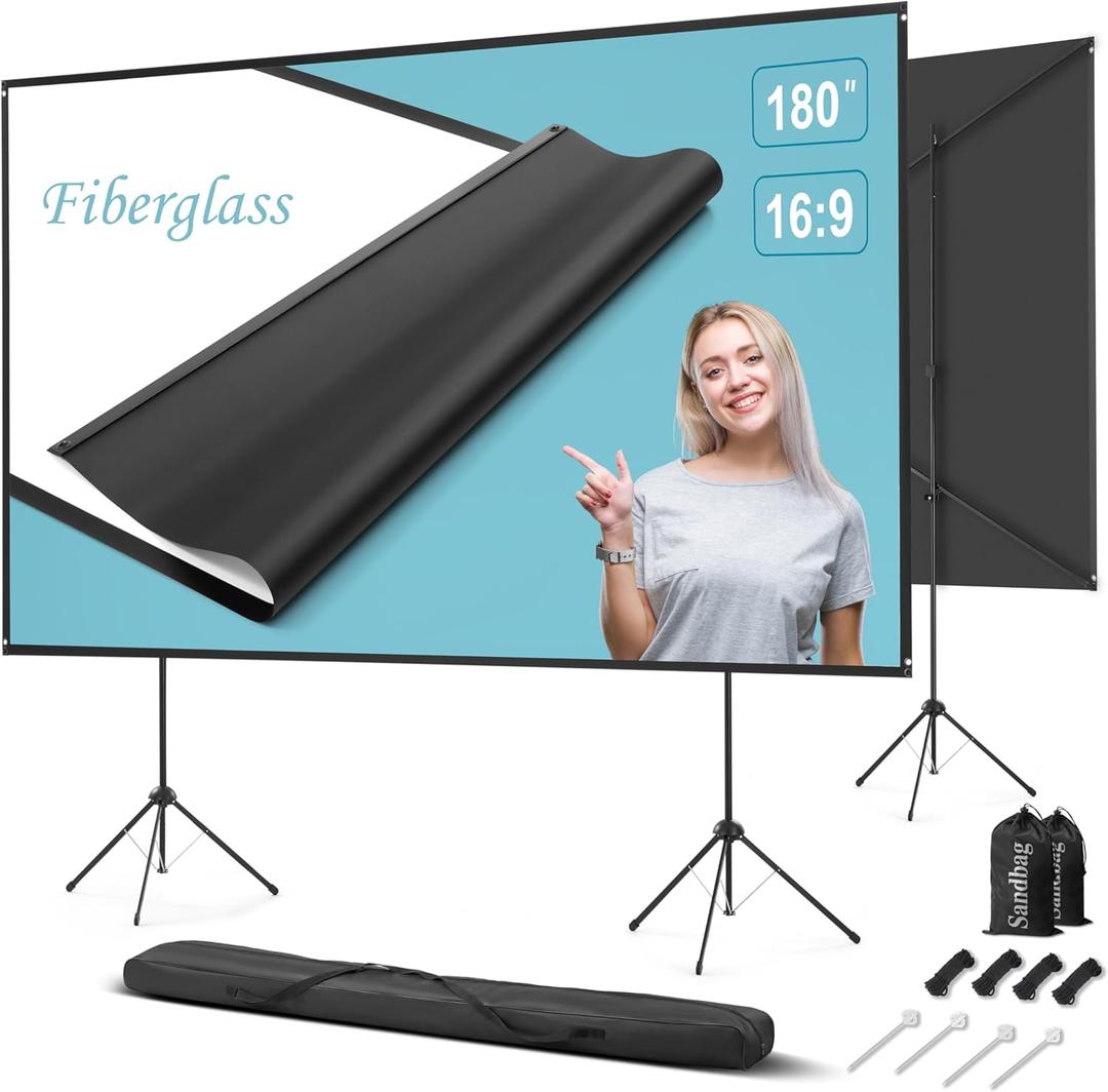 Outdoor Projector Screen with Stand 180 inch 16:9, Portable Projector Screen, 1.5 High Gain Fiberglass, Sturdy Backing, Wind-Resistant Movie Screen, Tripod/Wall Mounted, for Home Cinema/Backyard Party