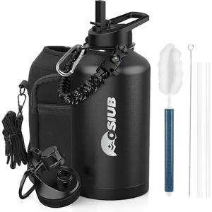 OSIUB Insulated Water Bottle 64 oz, Triple Wall Vacuum Stainless Steel(Cold for 48 Hrs),Leak Proof & BPA-Free,Half Gallon Water Bottle with Reflective Paracord & Flip Straw for Sports & Travel, Black