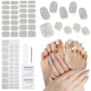 DUKASOU Semi Cured Gel Nail Strips & Toenail Strips 2 Set (Shiny Silver), Gel Nail Stickers Wraps, Long Lasting, Gifts for Women, Works with UV Lights, Includes Prep Pads, NailFile & Wooden Stick