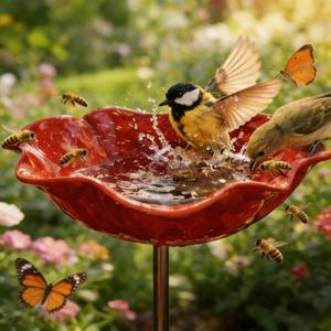 Metal Flower Garden Stakes Bird Bath Handmade, Bee Watering Station, Bees Bath for Garden Metal Bee Water Feeder with Flower Design, Colorful Butterfly Bees Bath Bowl for Outdoor Yard Decor
