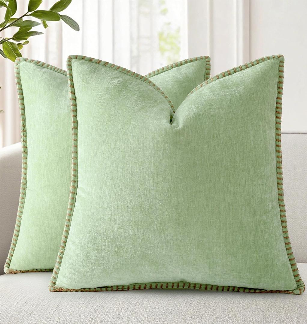 decorUhome Spring Chenille Soft Cozy Throw Pillow Covers 18x18 Set of 2, Modern Farmhouse Boho Velvet Decorative Pillow Cases with Stitched Edge for Couch Sofa Bed Home Decor, Sage Green