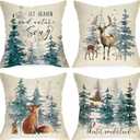 Winter Wonderland Decorative Throw Pillow Covers 18x18 Set of 4, Snowy Forest Cardinal Red Bird Deer Fox Rabbit Cushion Case Decor, Farmhouse Christmas Holiday Seasonal Home Decor for Couch PC