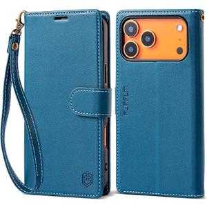 Wallet Case for iPhone 17 Series with Wrist Strap - PU Leather Folio Flip with Credit Card Holder & Kickstand, Protective Cover (Blue, for iPhone 17 Pro)