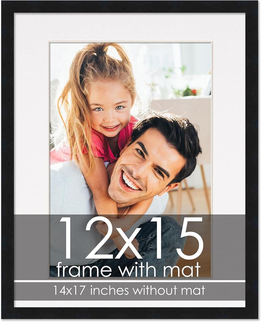 12x15 Frame with Mat - Black 14x17 Frame Wood Made to Display Print or Poster Measuring 12 x 15 Inches with White Photo Mat